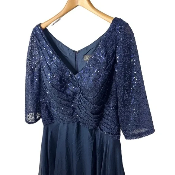 La Femme Chiffon and Sequin A Line Gown Faux Wrap 3/4 Sleeve Navy Blue Size 16 - Picture 4 of 10